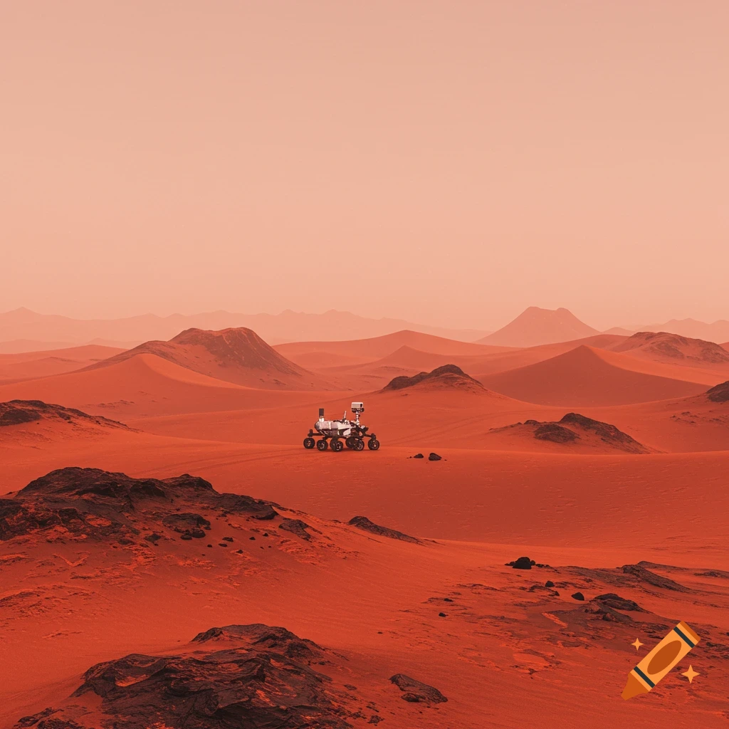 A Mars rover on the red, rocky landscape of Mars.