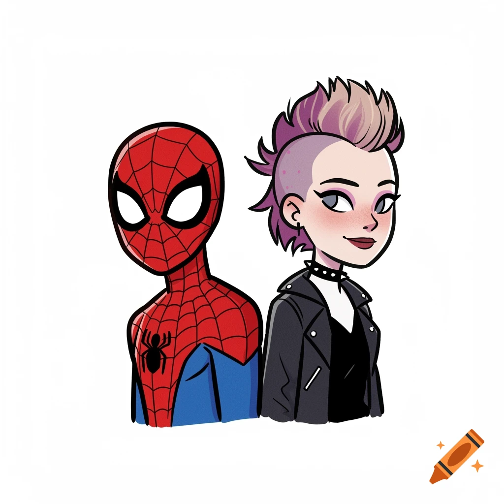 Cartoon drawing of Spider-Man and a female character with punk hair side-by-side.