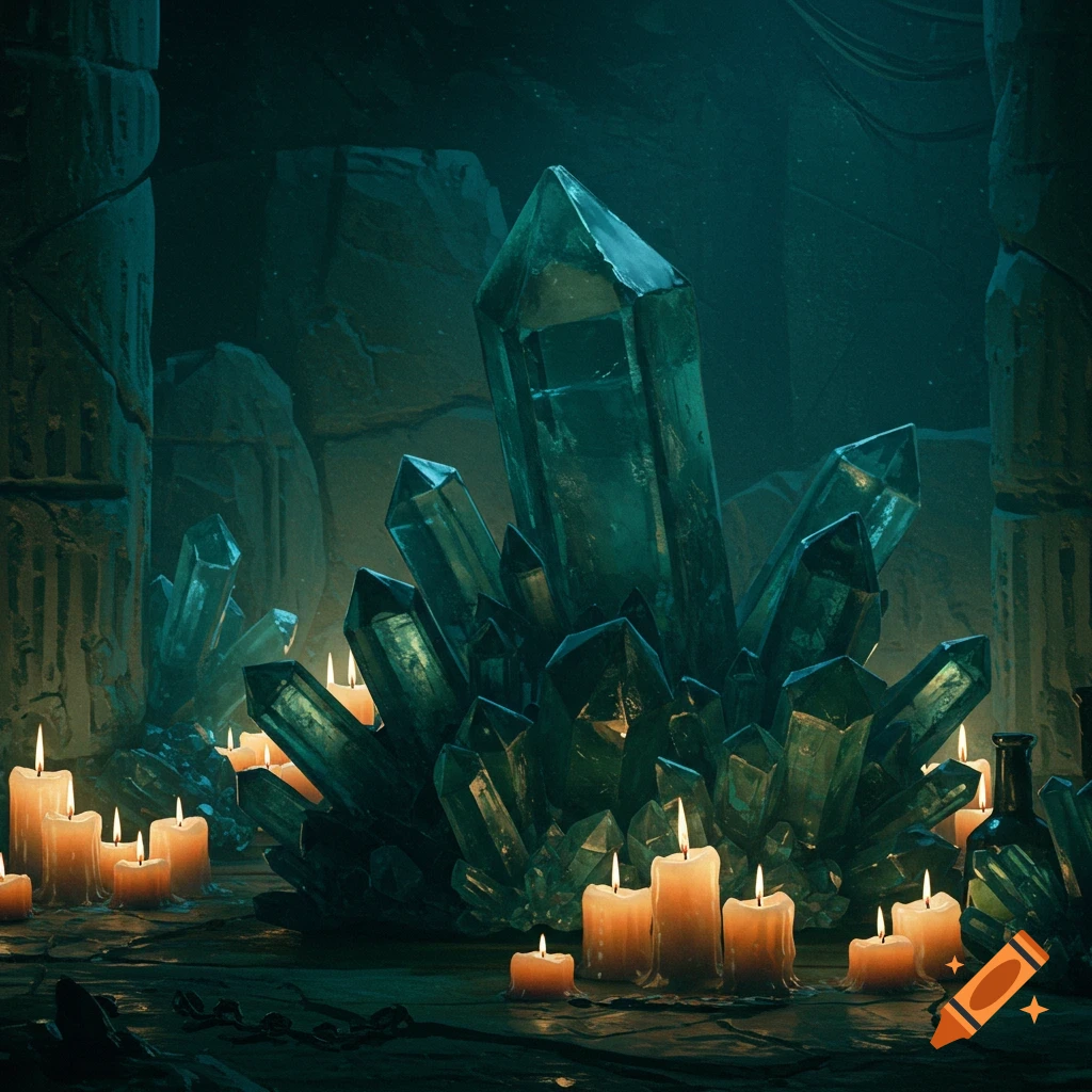 Large crystals and lit candles in a dark, mystical setting.