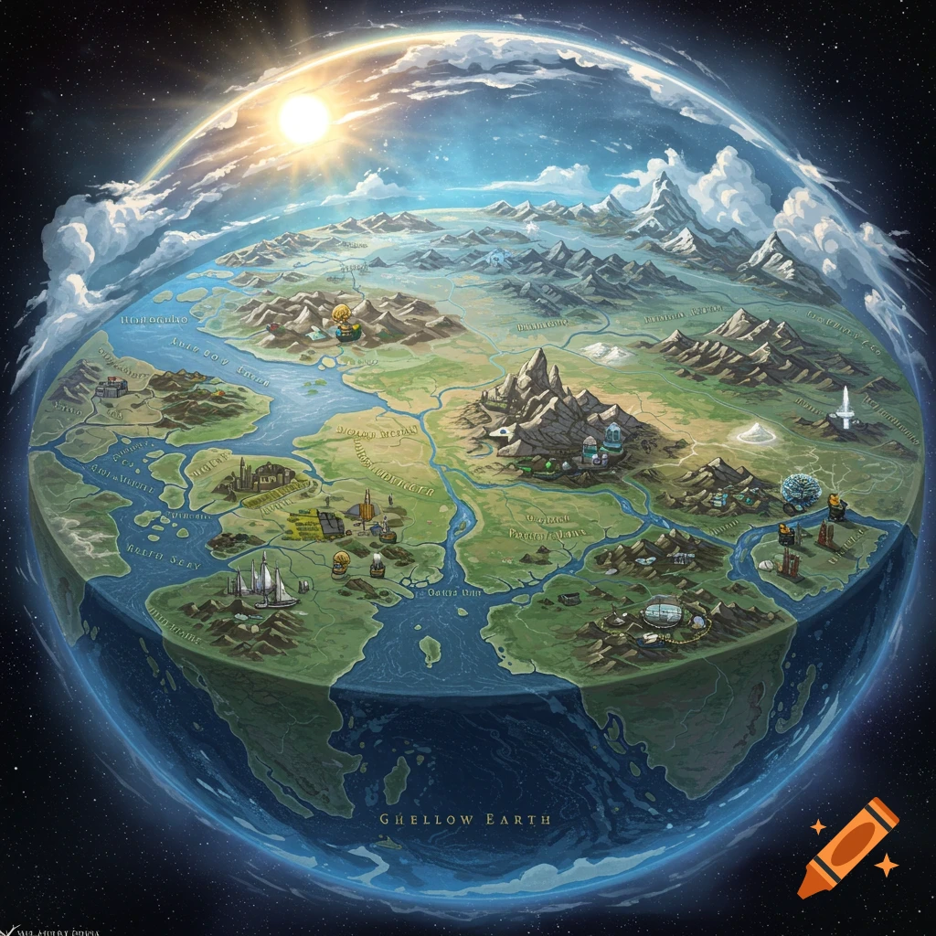 A cross-section of Earth revealing a map of an inner world with mountains, rivers, cities, and text labels.