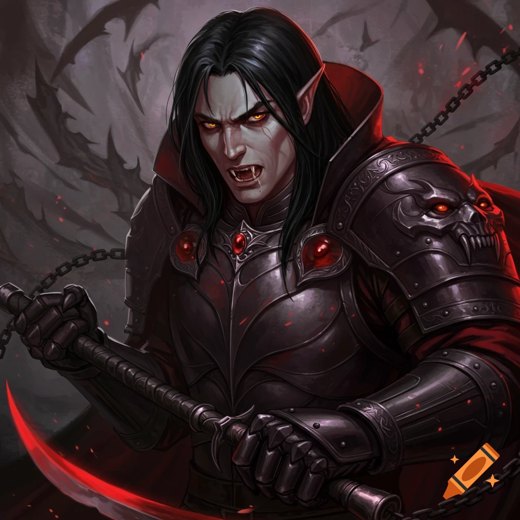 A vampire in black armor with glowing red eyes, holding a kusarigama.
