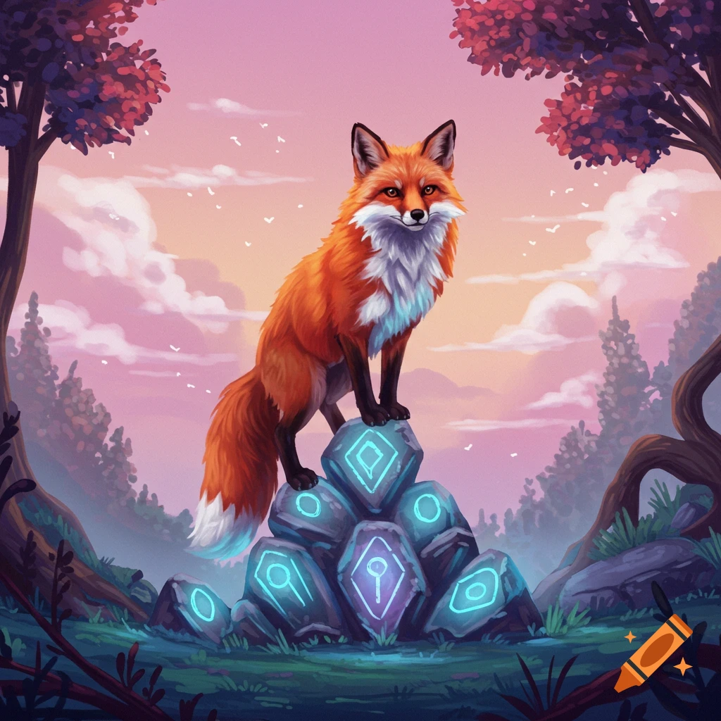 A fox stands on glowing runestones in a fantasy landscape.