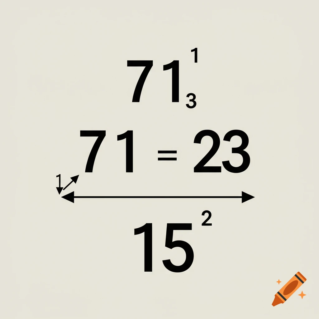 A mathematical diagram with numbers 71, 23, and 15 arranged like a fraction or scientific notation, including exponents, a subscript, and arrows.