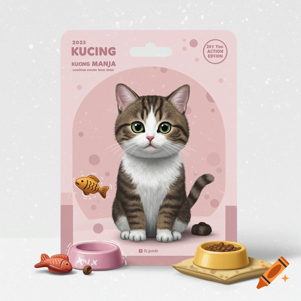 Cute tabby cat action figure in pink blister packaging with toy fish and food bowl
