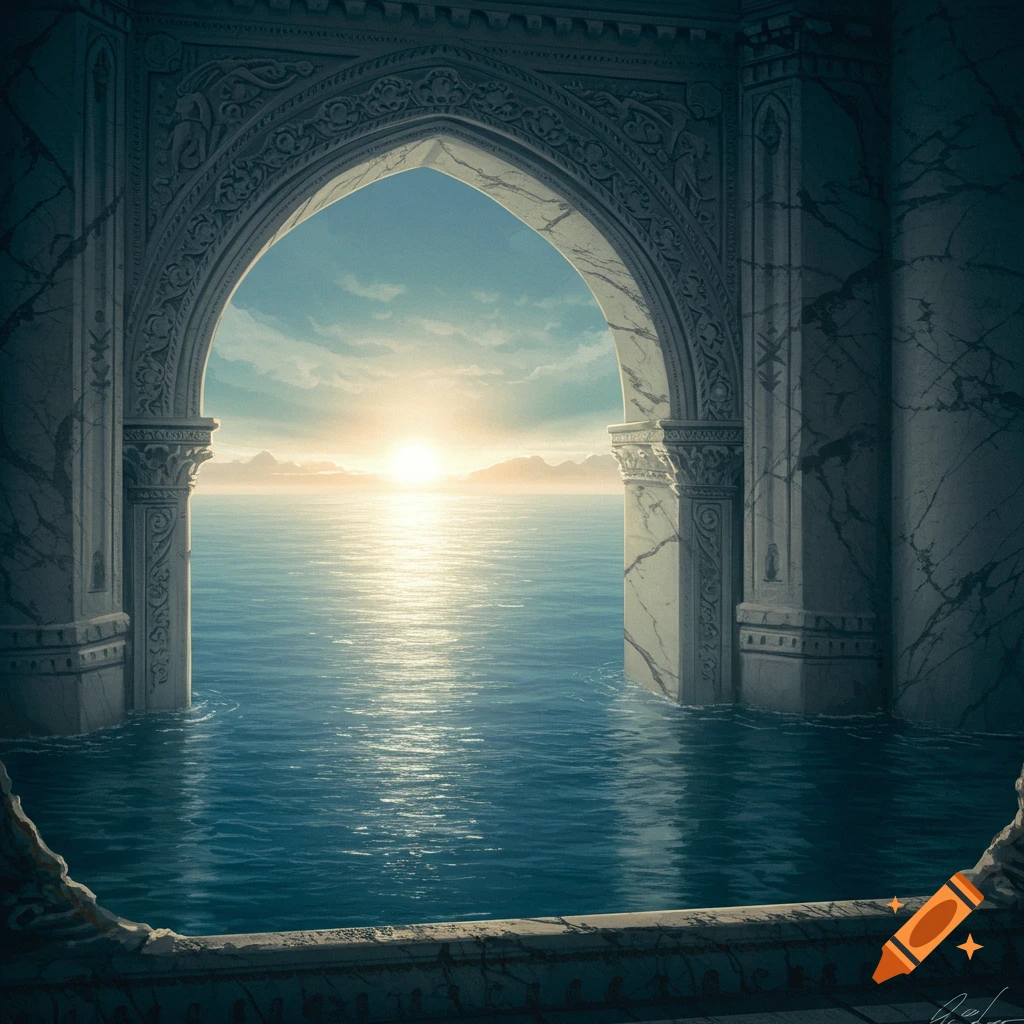 An ornate stone archway overlooks a vast ocean with a bright sunrise on the horizon.