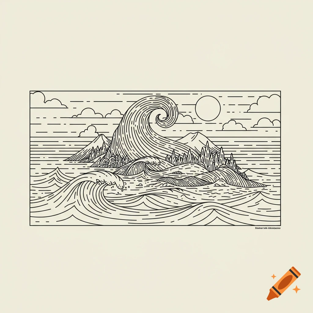 A single-color line drawing of a large swirling ocean wave and smaller waves near an island with mountains and trees.