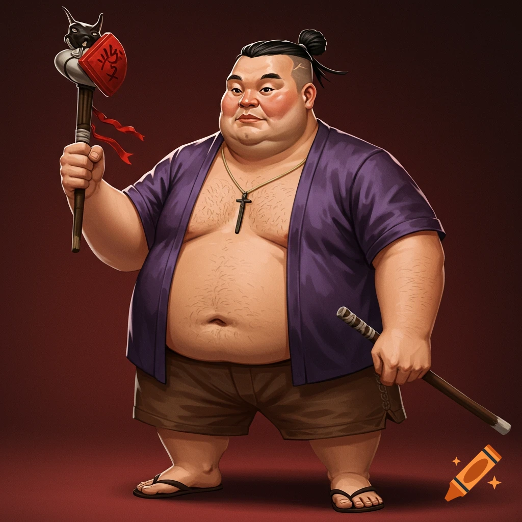 A plump Asian man in a purple robe is holding a staff and a sword.