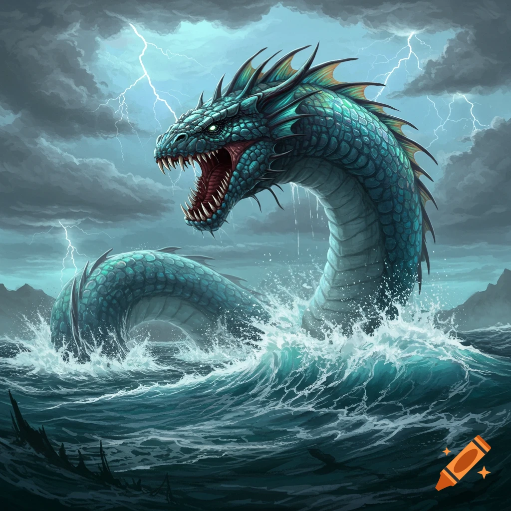 A large sea monster emerges from stormy ocean water with lightning.