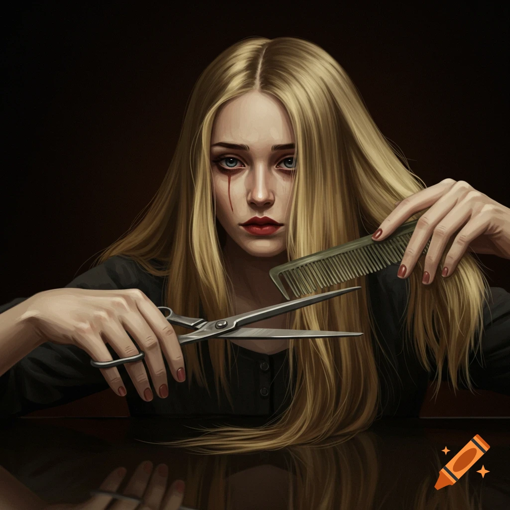 A woman with long hair holding scissors and a comb, appearing to cut her hair, with red tears.