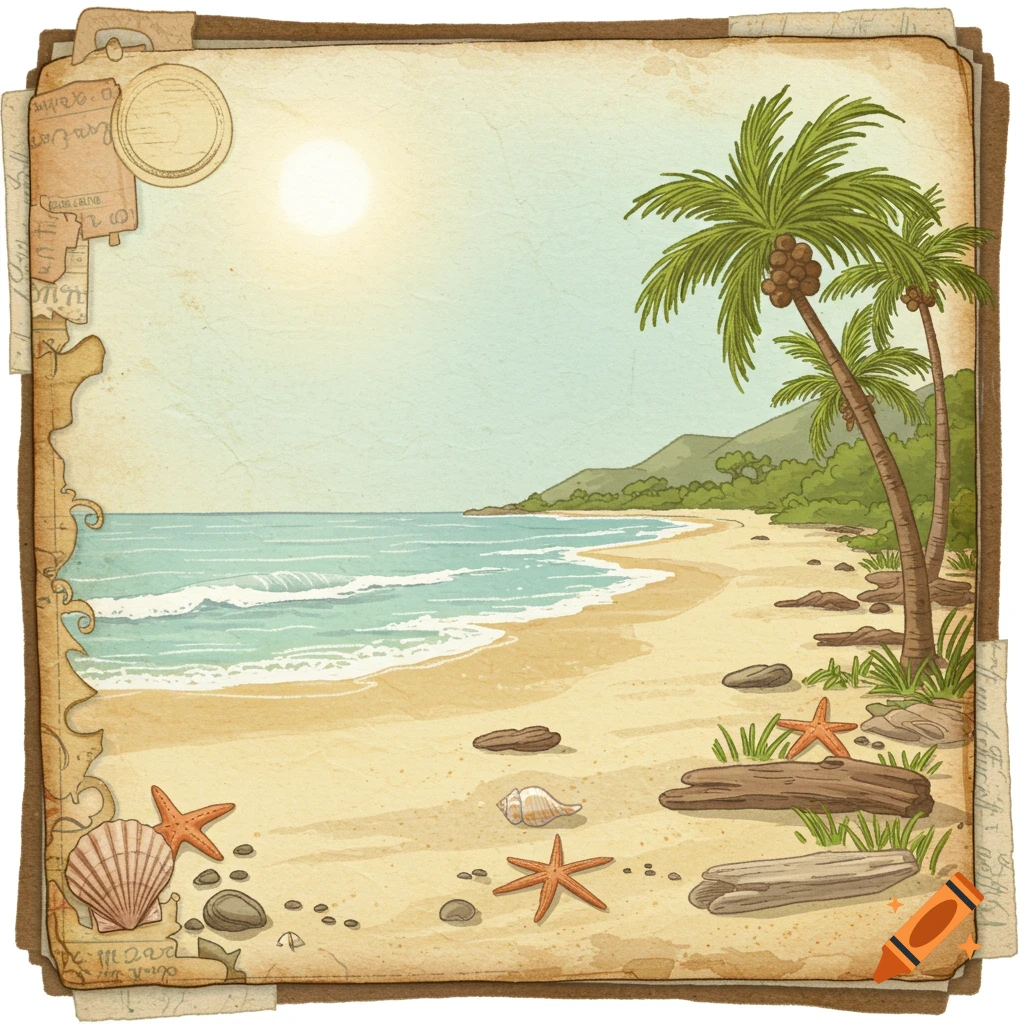 A sunny tropical beach with palm trees, waves, shells, and driftwood on a textured paper background.