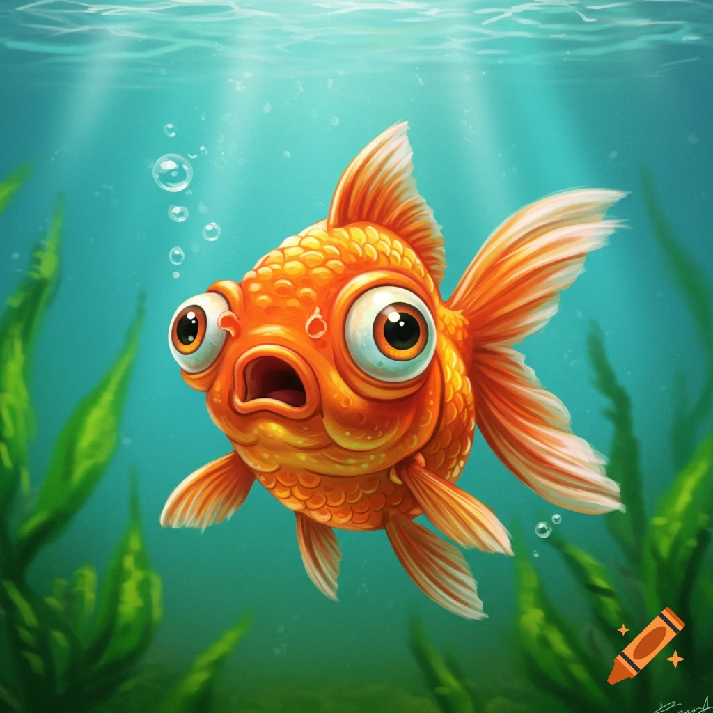 Cartoonish orange fish with large eyes swimming underwater.