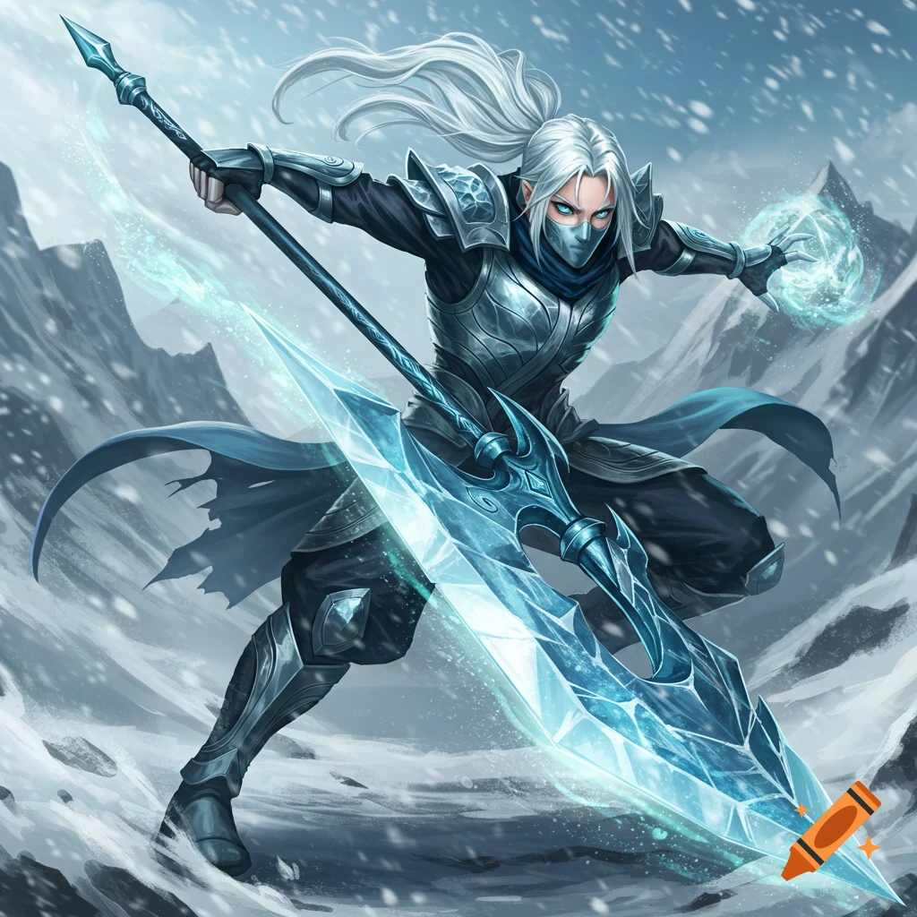 An ice warrior with a glaive in a snowy landscape, using ice magic.