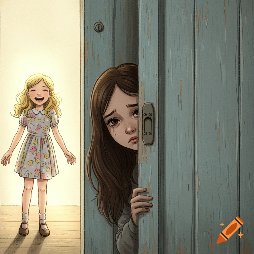 Illustration of a happy blonde girl facing a sad girl peering from behind a door.