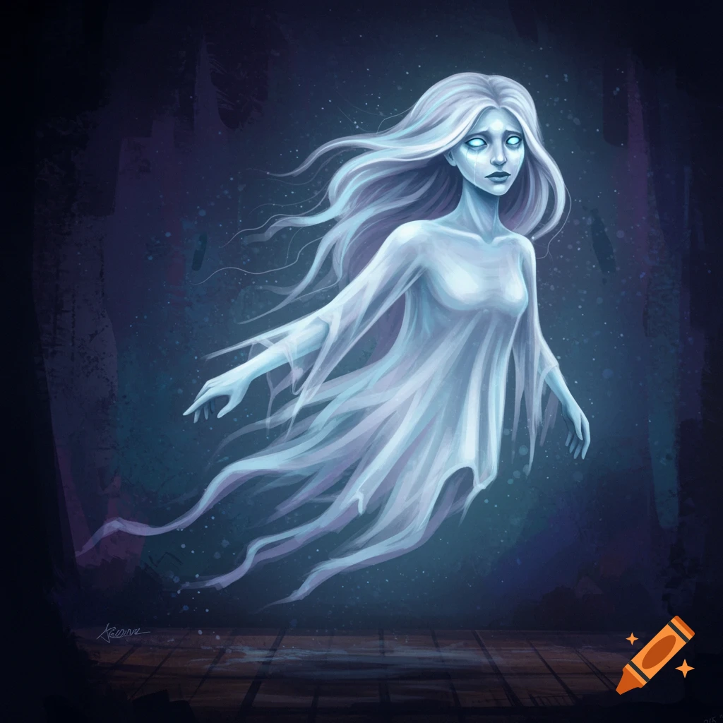 A translucent ghost with glowing blue eyes floats in a dark room.