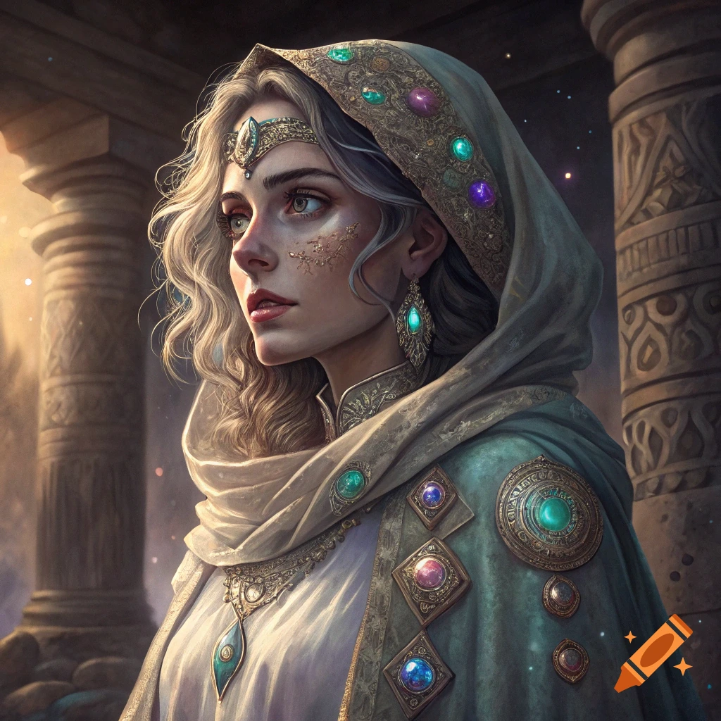 A fantasy portrait painting of a woman with a jeweled headdress and cloak standing in a temple.