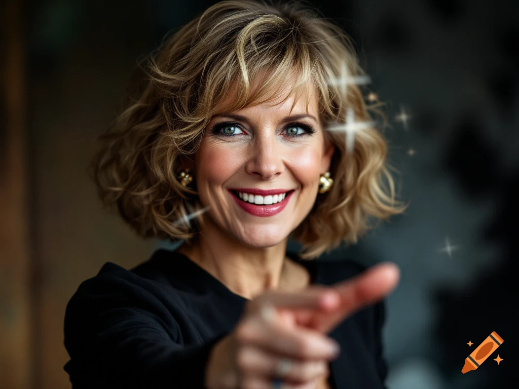A smiling woman with short blond hair points at the viewer in a portrait photo with sparkles.