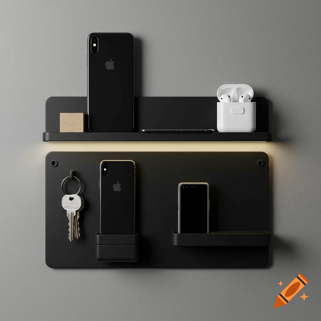 Matte black wall organizer with LED shelf, slots for phones and AirPods, and hooks for keys, holding Apple devices.