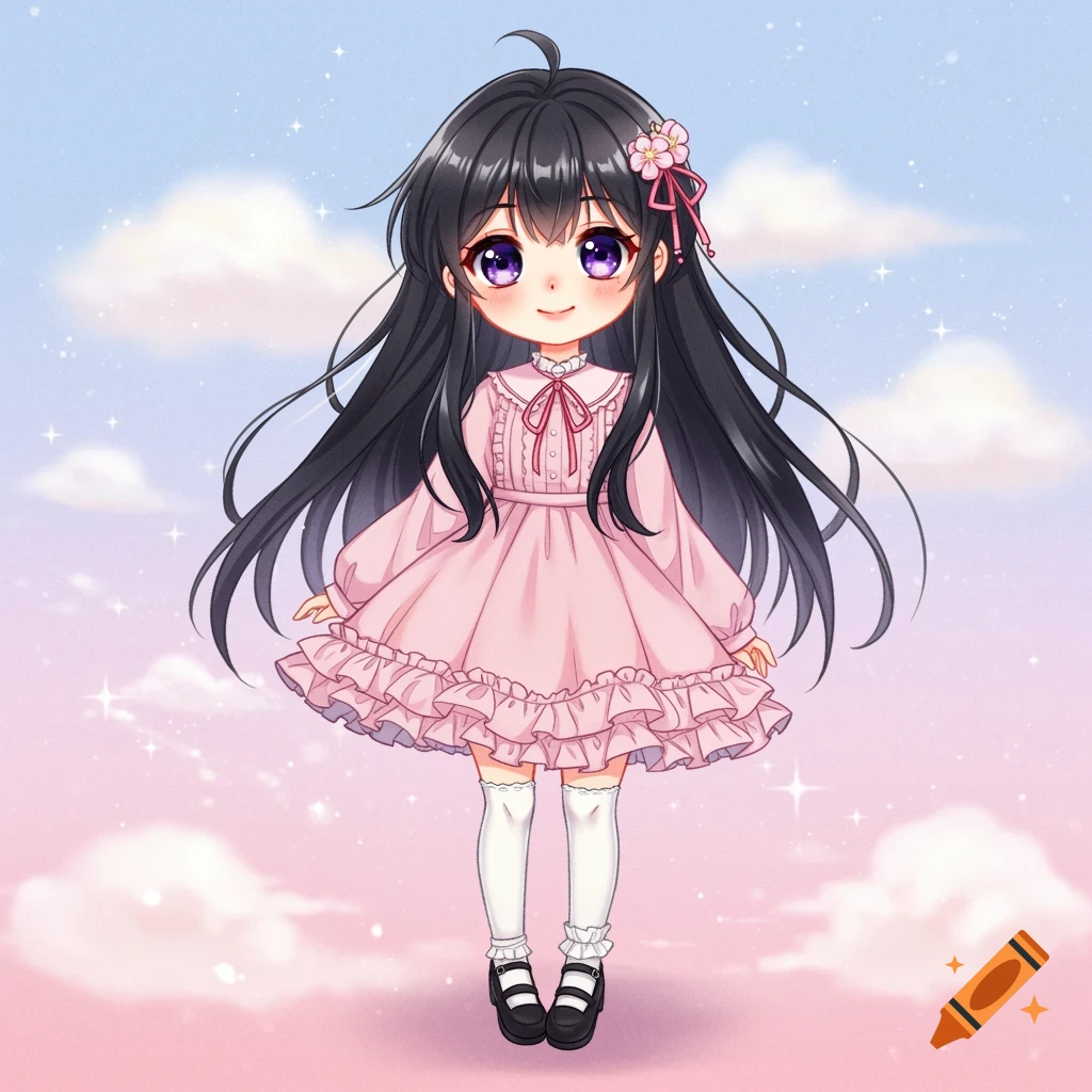 A cute anime girl with long black hair, purple eyes, and a pink dress stands in a cloud-filled sky.