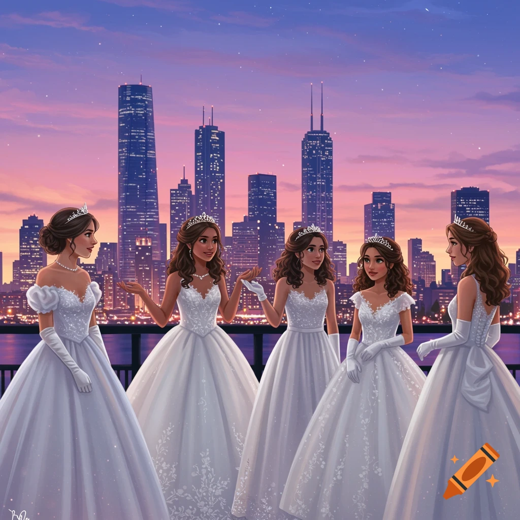 Five debutantes in white gowns and tiaras stand on a balcony overlooking a city skyline at sunset.