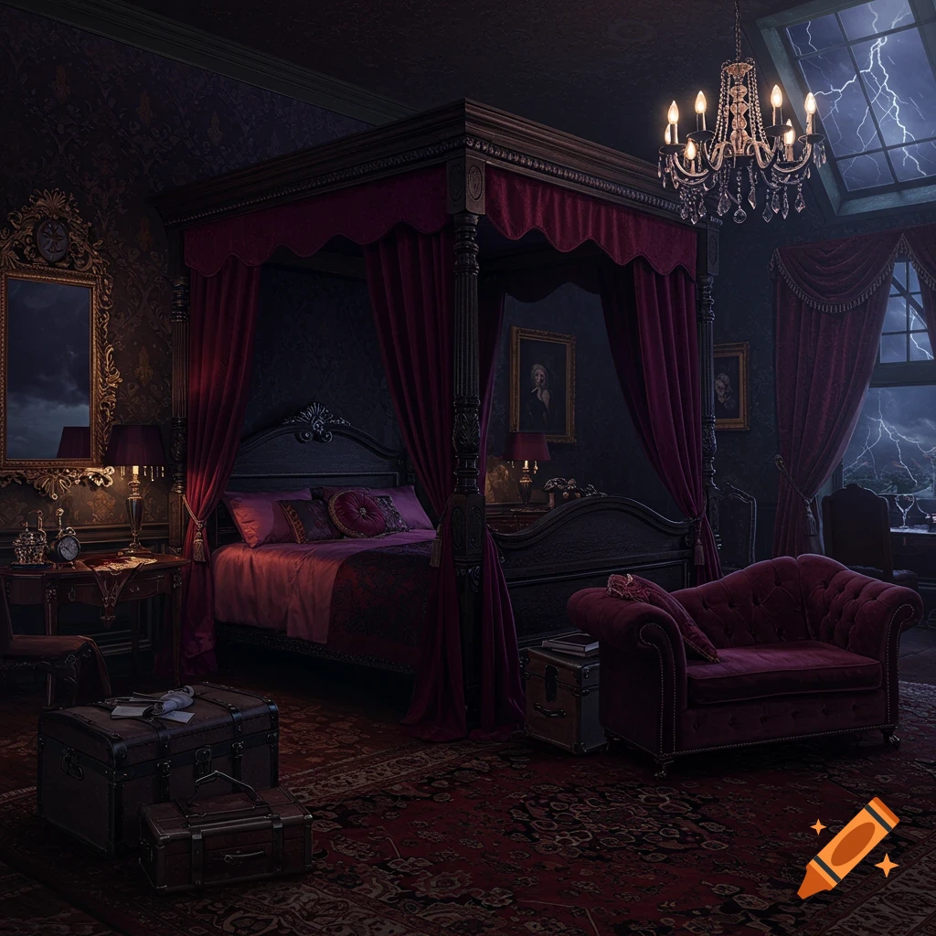 A dark gothic bedroom with velvet furniture and a storm outside.