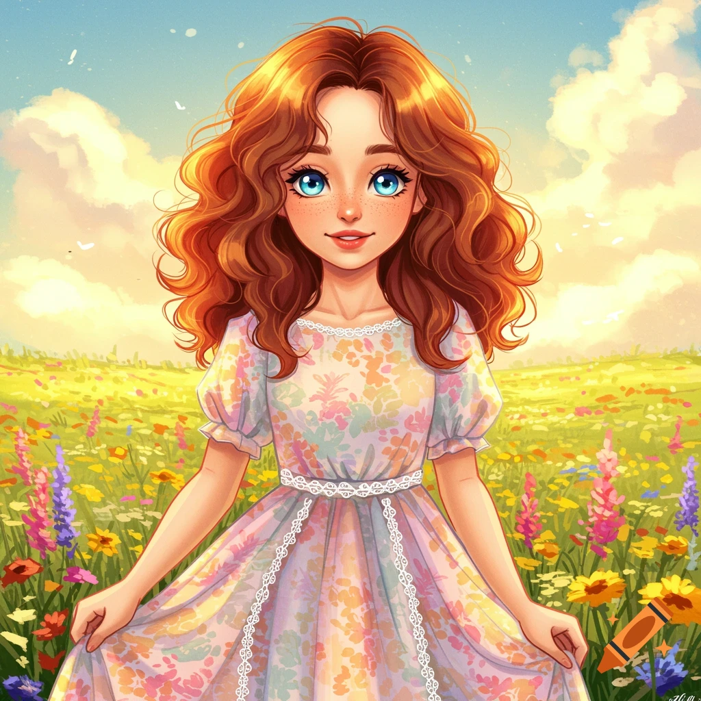 A young girl with auburn hair in a floral dress stands in a vibrant meadow.
