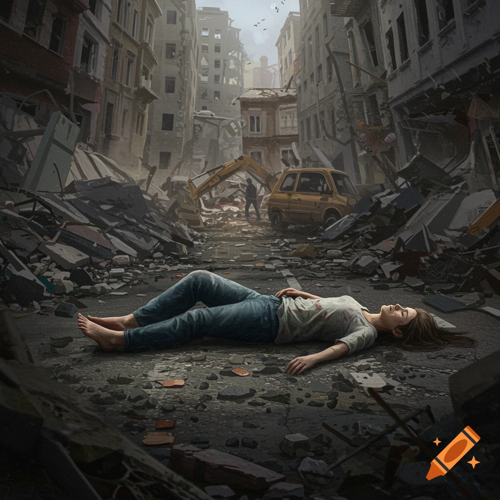 A woman lies in rubble on a ruined city street.