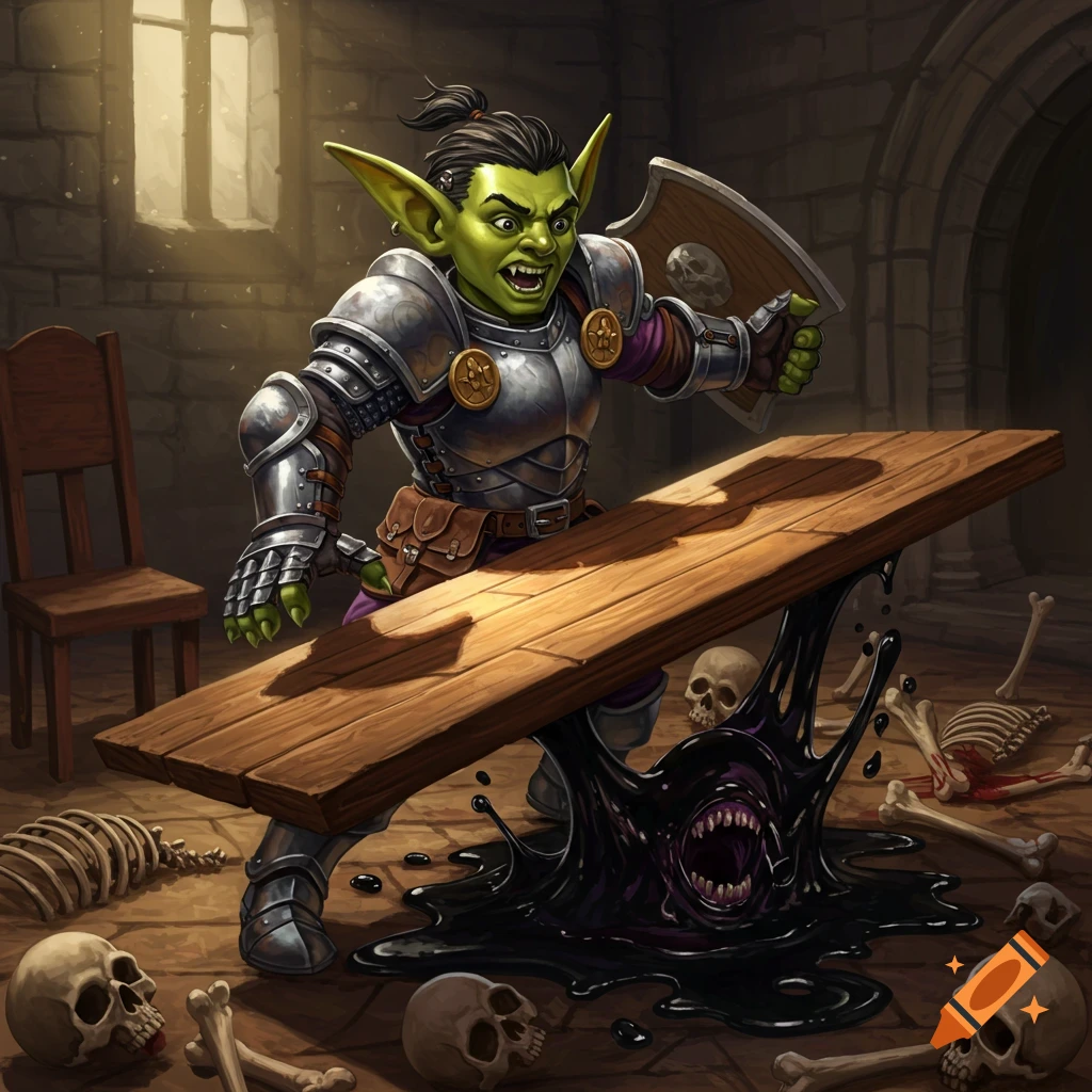 Fantasy illustration of a goblin paladin flipping a table with a black slime monster in a dungeon with bones.