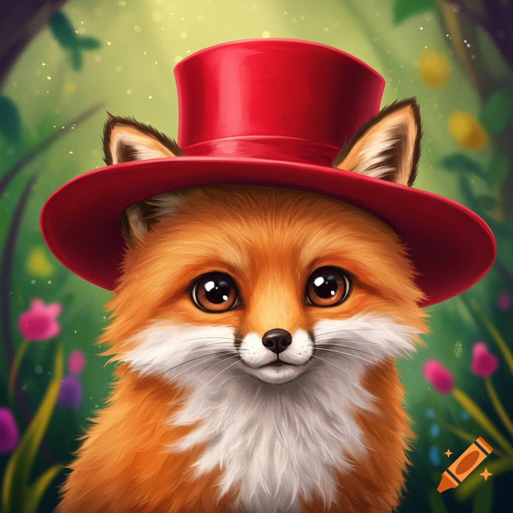 A cute fox wears a red top hat in a forest setting.