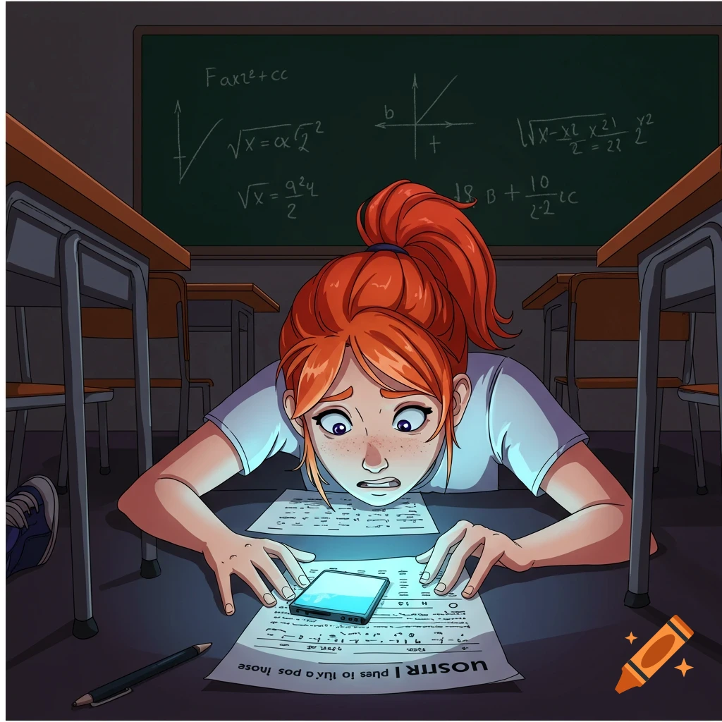 A stressed student hides a phone under papers during a test in a classroom.