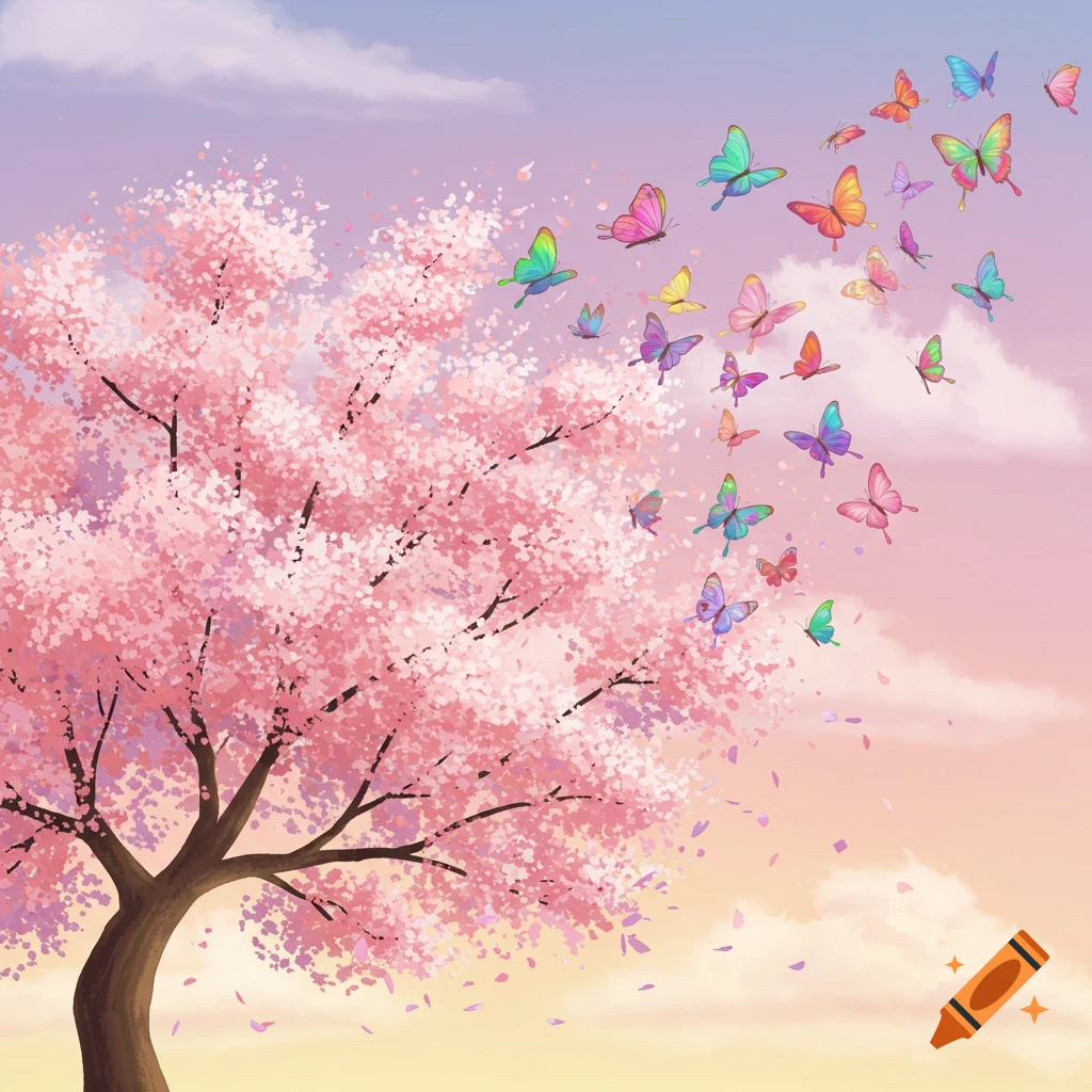Cherry blossom tree with colorful butterflies flying away.