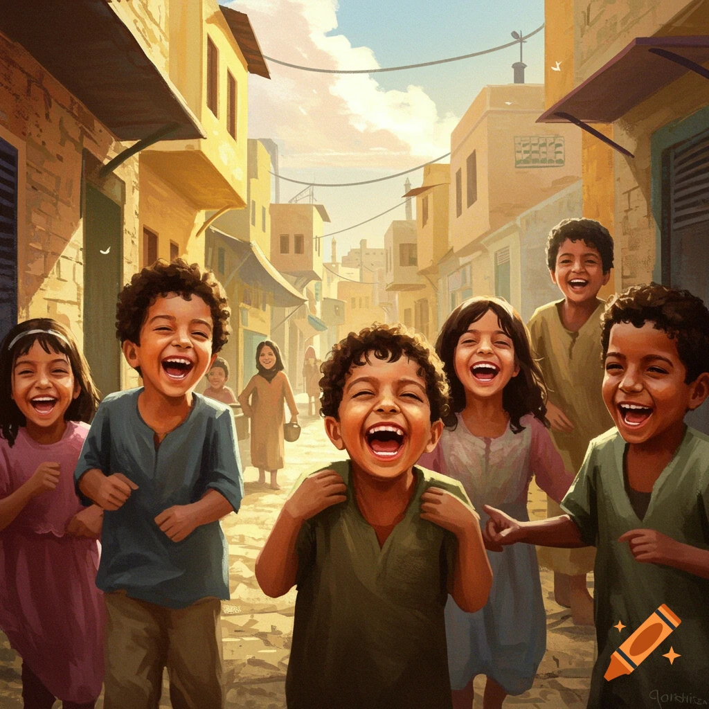 Happy children laughing in a vibrant street scene.
