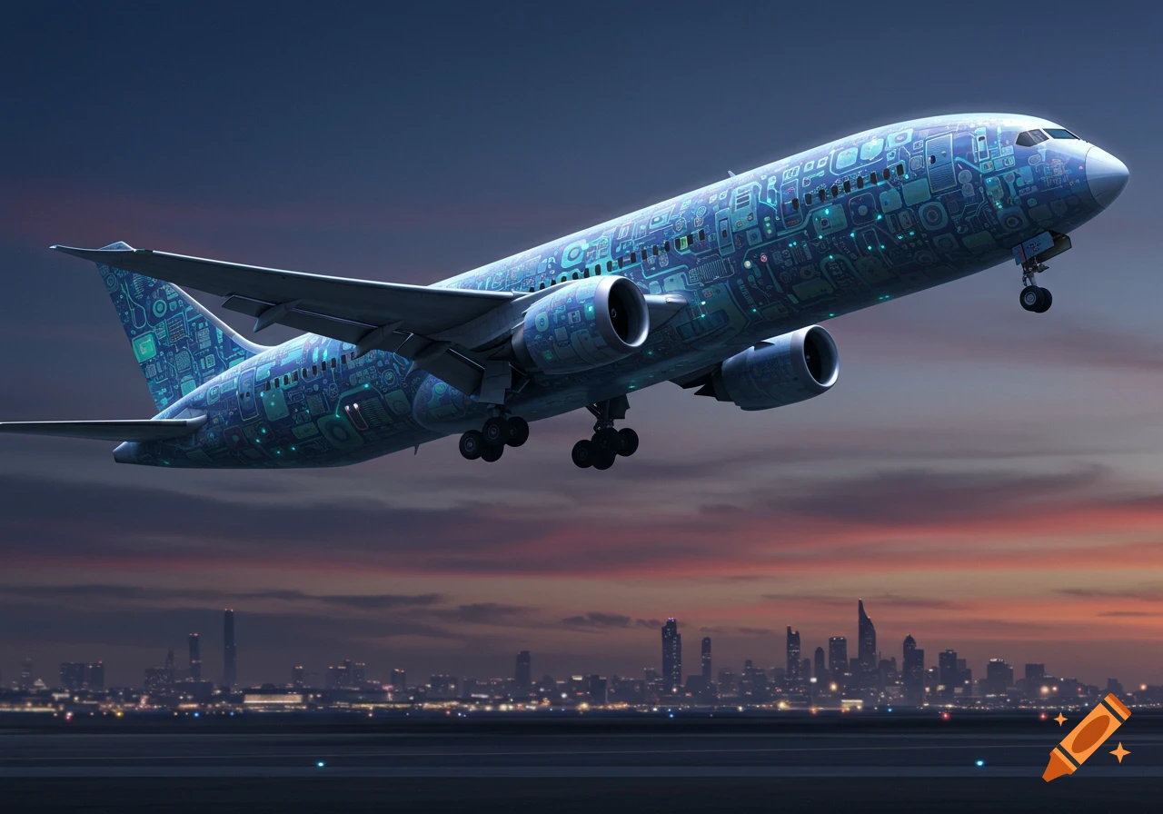 An airplane decorated with a blue circuit board pattern takes off from an airport runway at sunset over a city skyline.