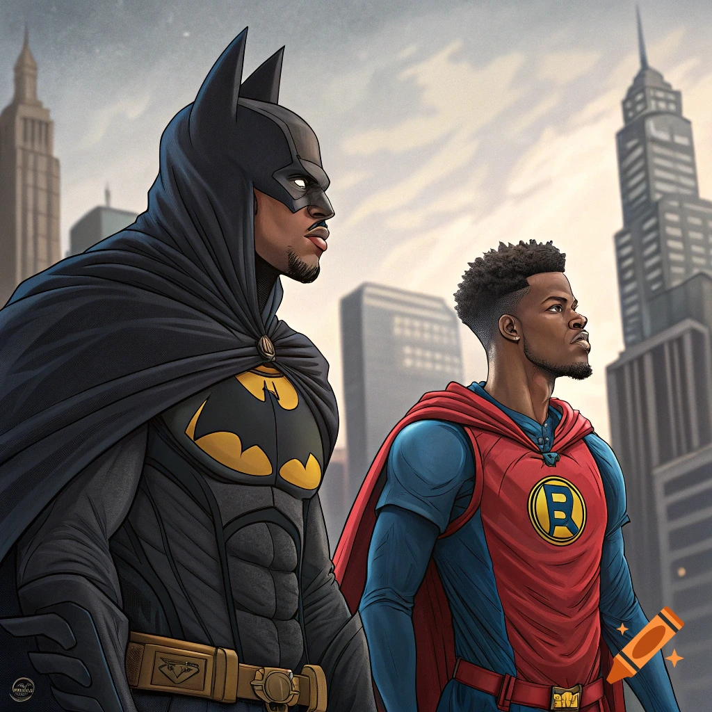 Illustration of two figures resembling Batman and Robin standing side-by-side in a city.