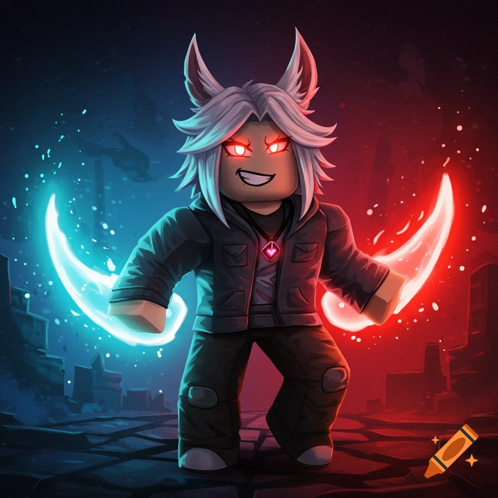 Roblox-style character with glowing eyes and energy blades in a dark setting.