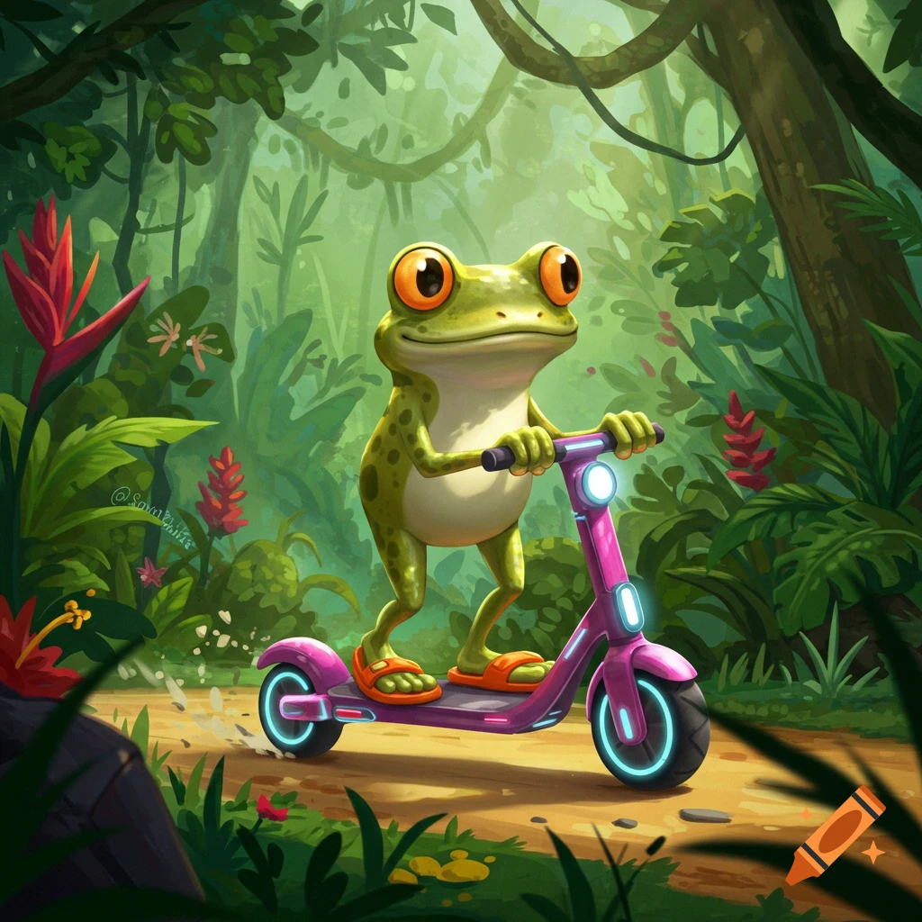 Cartoon frog in sandals riding a pink electric scooter on a jungle path