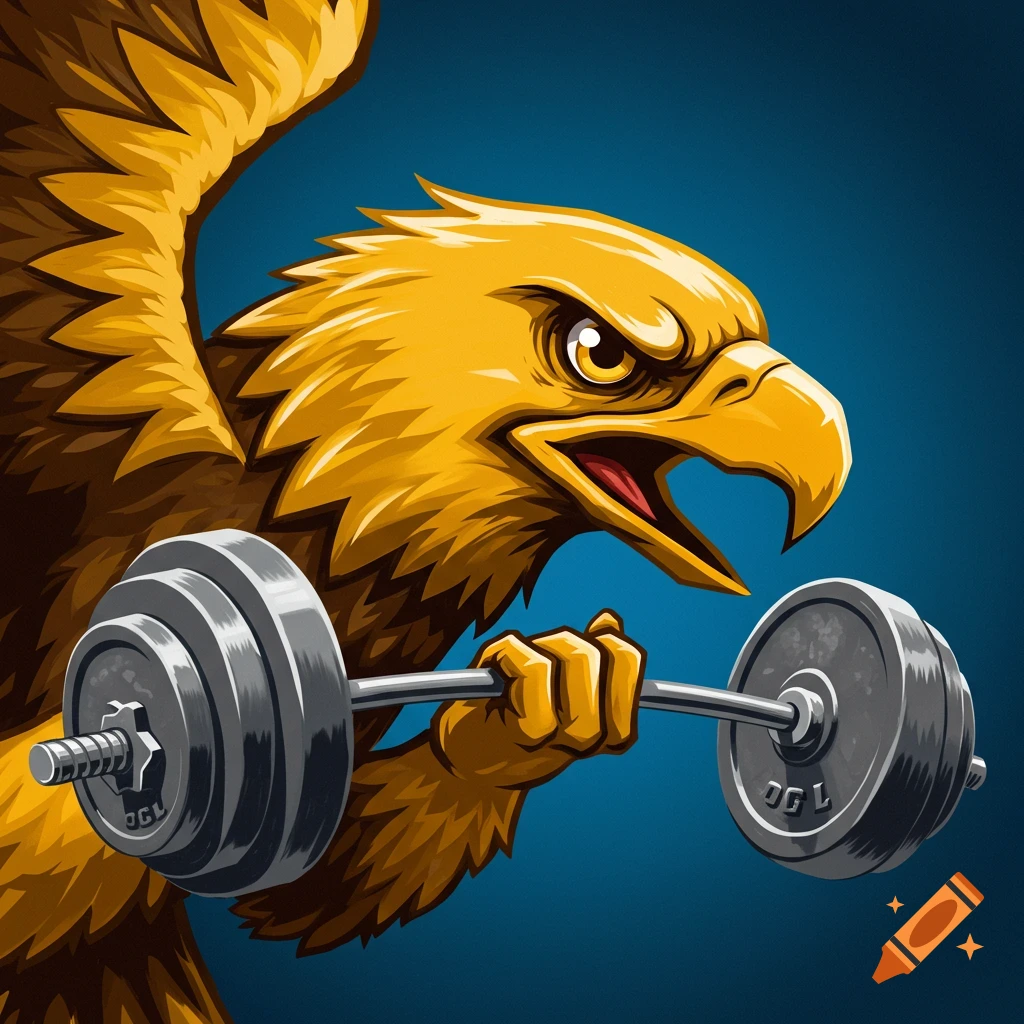 A cartoon golden eagle lifts a barbell.