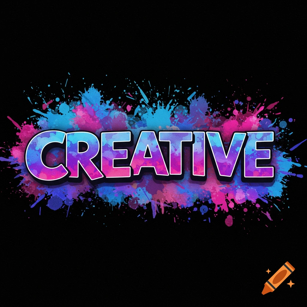 Bold text 'CREATIVE' with colorful paint splatters on a black background.