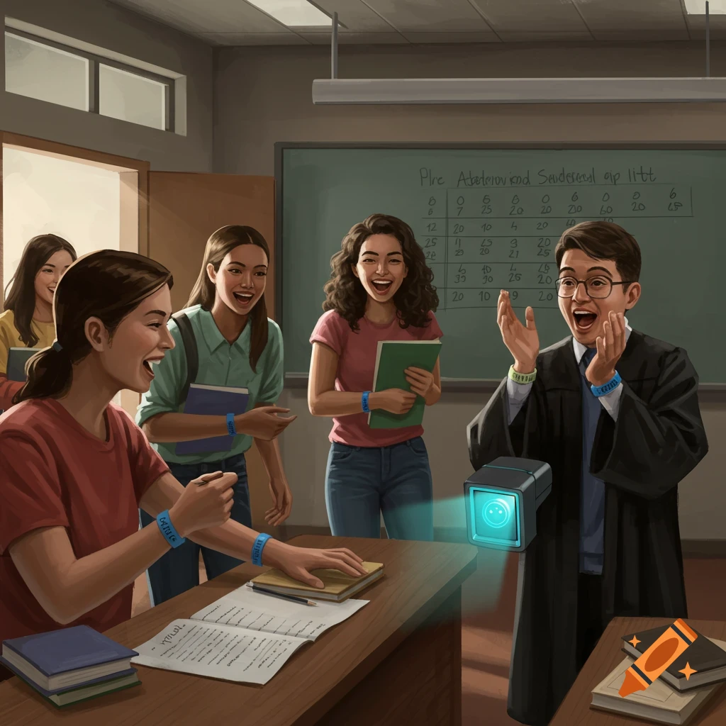 College students with wristbands are entering a classroom as a professor cheers beside a glowing scanner.