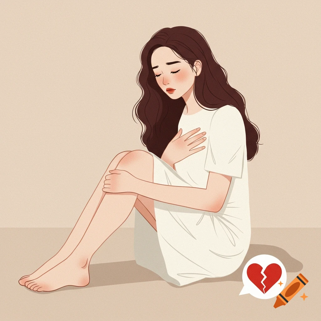 Digital illustration of a sad woman sitting on the ground with a broken heart icon.