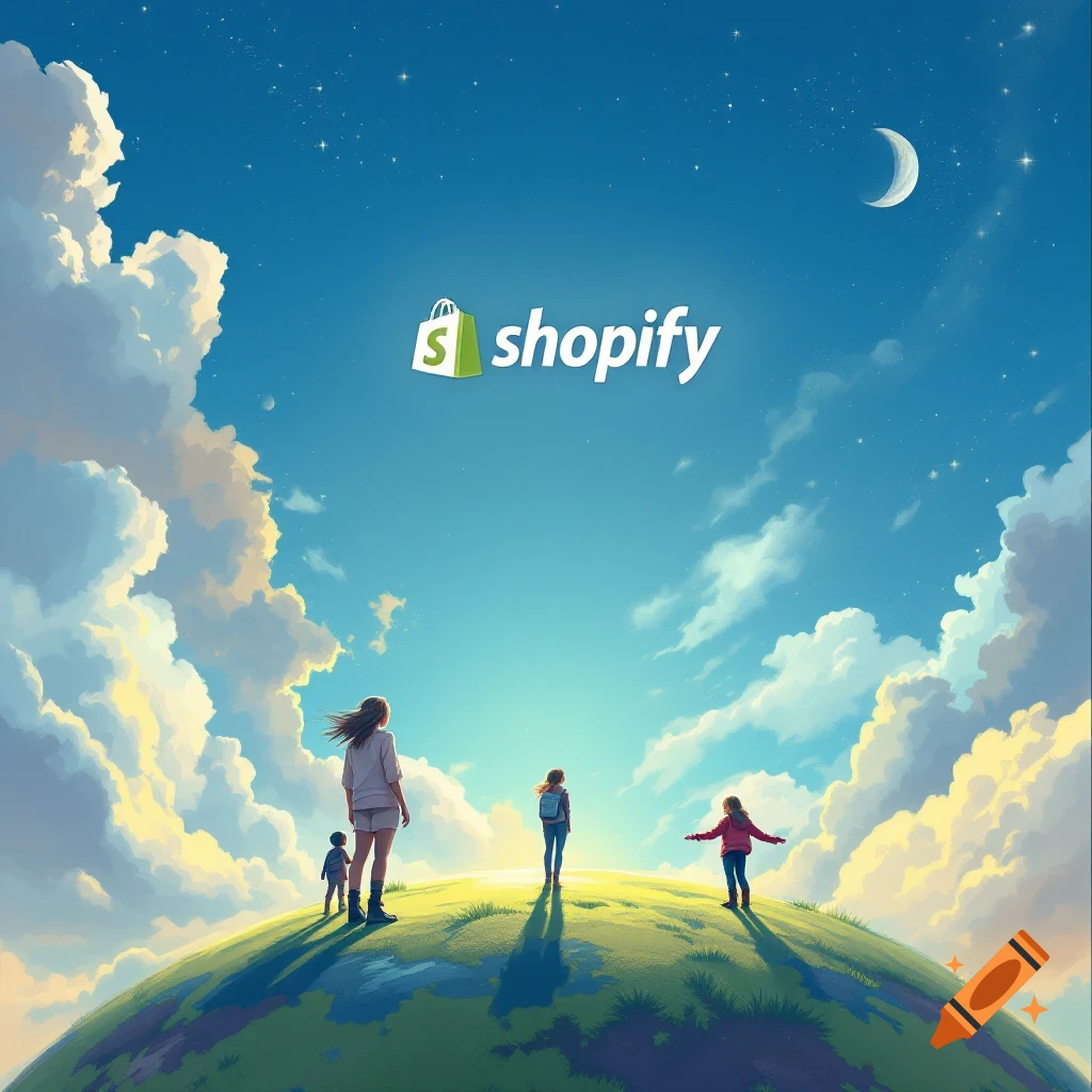 Stylized image of figures on a green planet looking up at a sky with clouds, moon, stars, and the Shopify logo.
