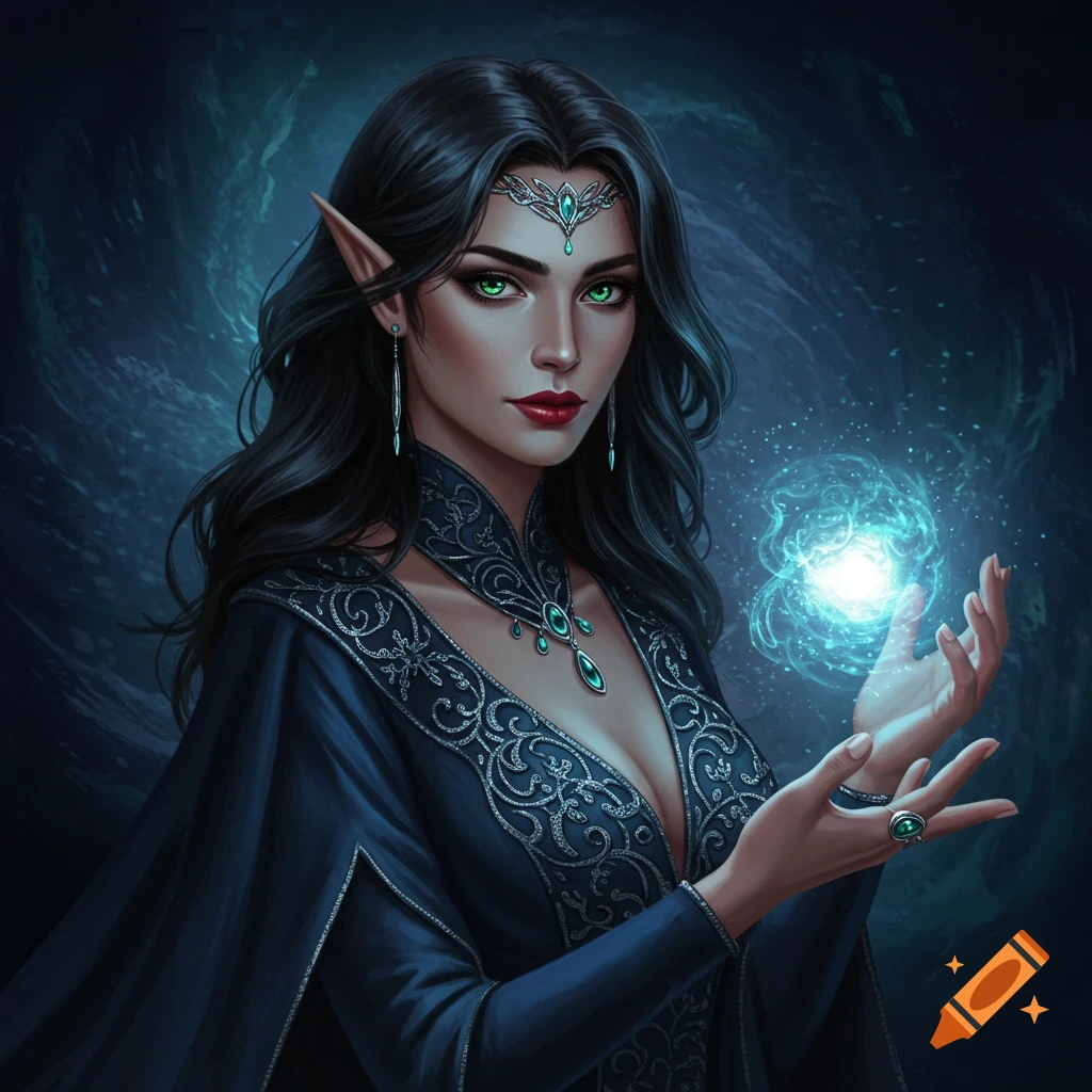 A dark-haired fantasy sorceress with green eyes, wearing a blue dress, holding a glowing magic orb.