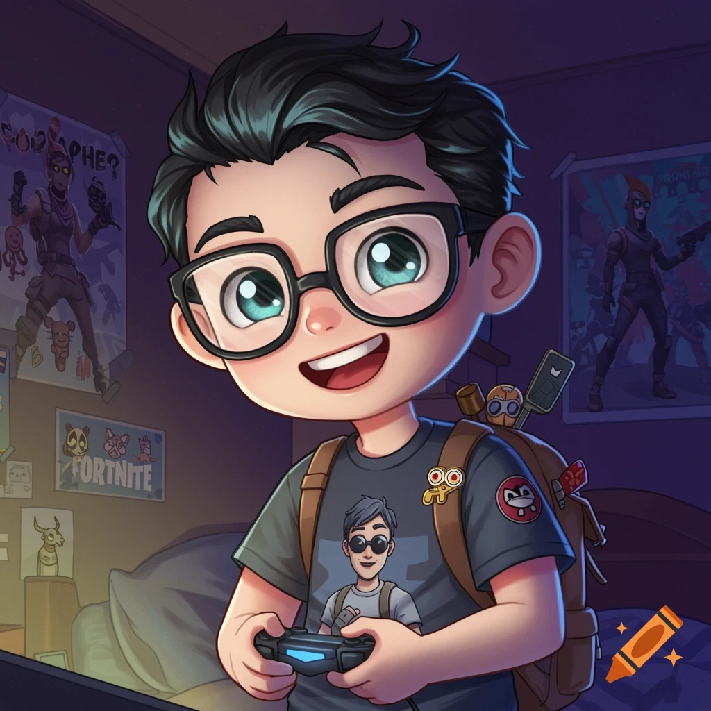 A cute boy with glasses plays video games in a bedroom with game posters in an anime style.