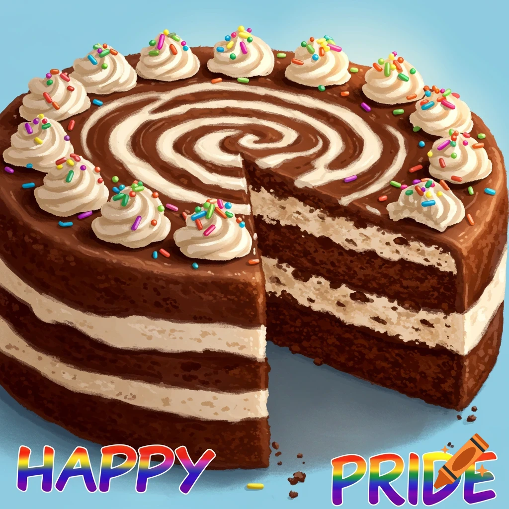 A cookies and cream cake with frosting swirls and sprinkles, with a slice cut out. The text at the bottom reads "HAPPY PRIDE".