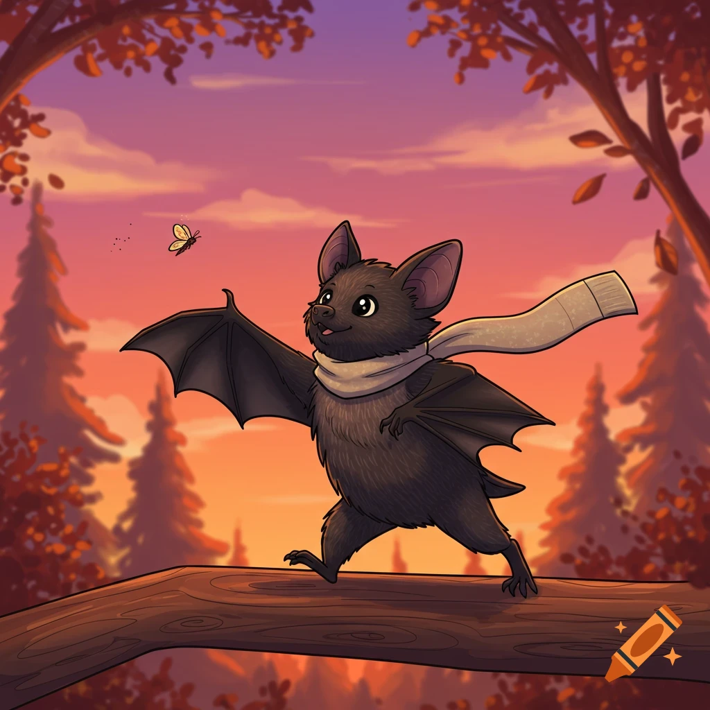 A cute cartoon bat wearing a scarf walks on a branch, reaching for a moth at sunset in an autumn forest.