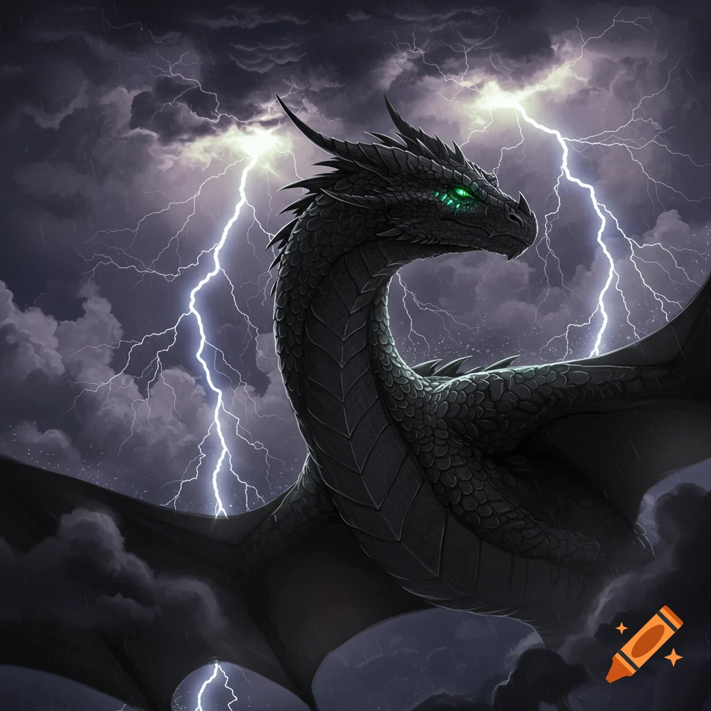A black dragon with green eyes flying in a lightning storm.
