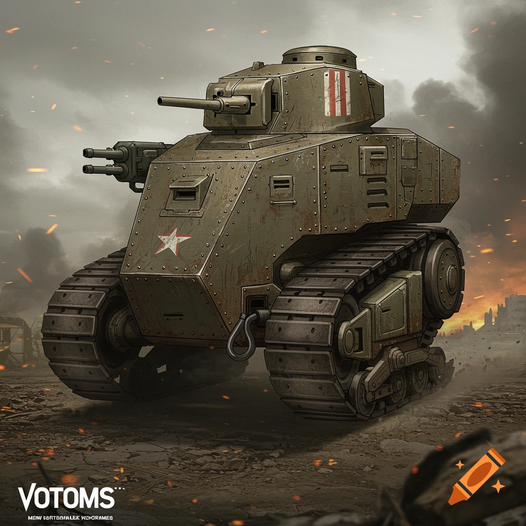 Heavily armored, tank-like mech in a gritty war-torn landscape.