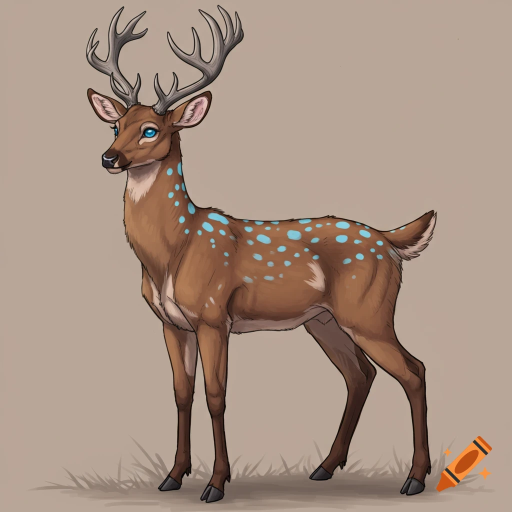 Stylized brown deer with blue spots and large antlers.