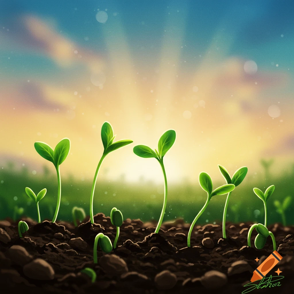 Green sprouts are growing in dark soil under a bright sunset sky.