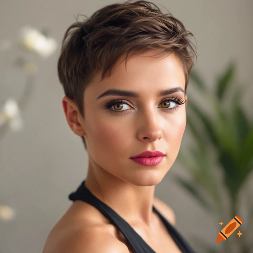 Photorealistic portrait of a woman with a pixie cut