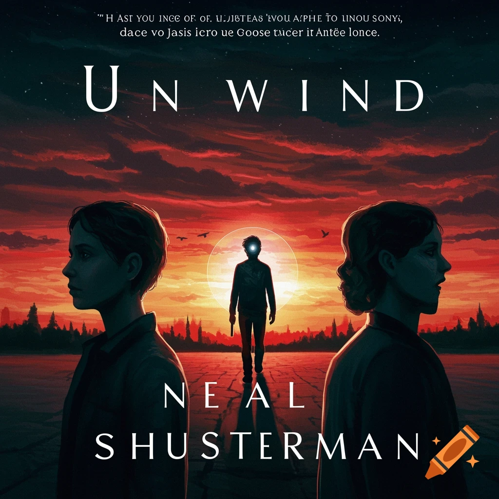 Book cover with title Unwind by Neal Shusterman. It shows three figures silhouetted against a dramatic red and orange sunset sky, one central figure walking towards the viewer from a light source, and two on the sides.
